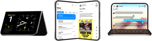 iPhone Duo, various positions: inverted open landscape orientation, unfolded at slight angle, exterior display, all-screen design. Slightly open like a book and standing upright. Open landscape orientation, unfolded at right angle, interior display, all-screen design